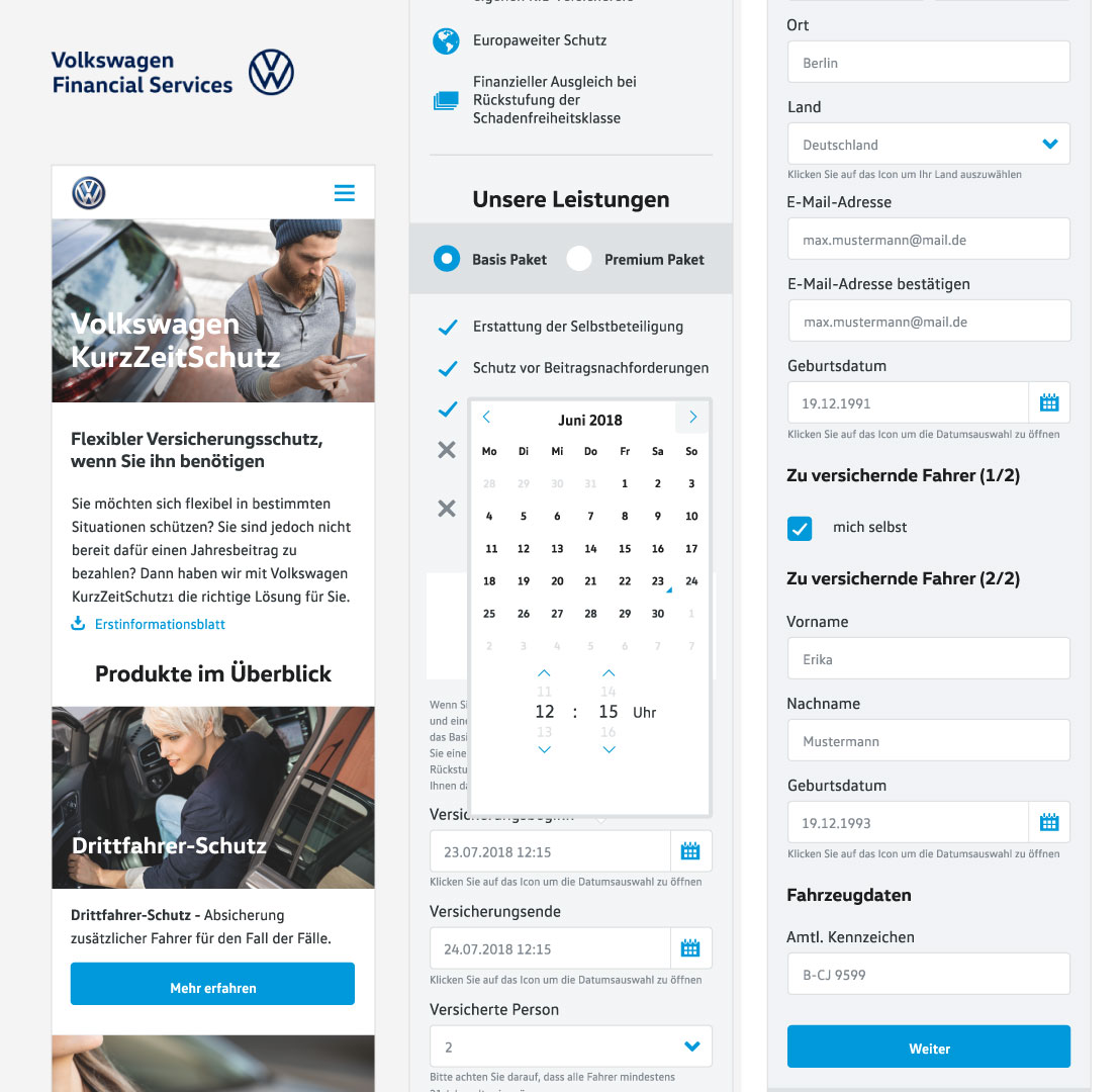 Volkswagen KurzZeitSchutz — product page and Drittfahrer-Schutz configurator