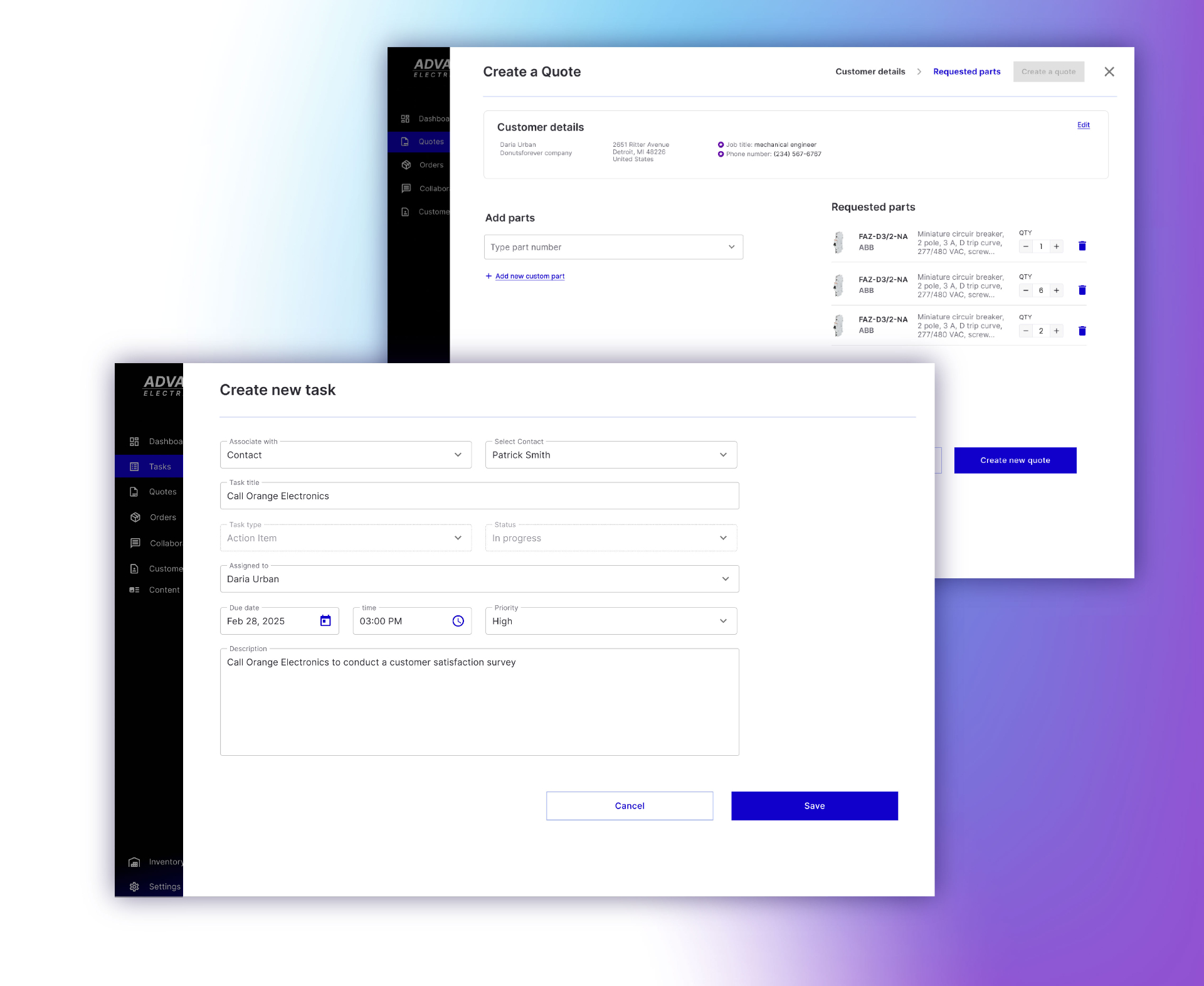 Create a Quote drawer alongside Create new task form