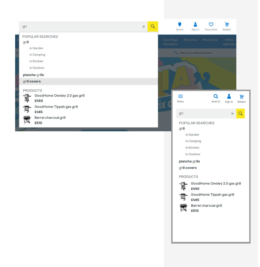 Search UI — popular searches and product suggestions with thumbnails and prices