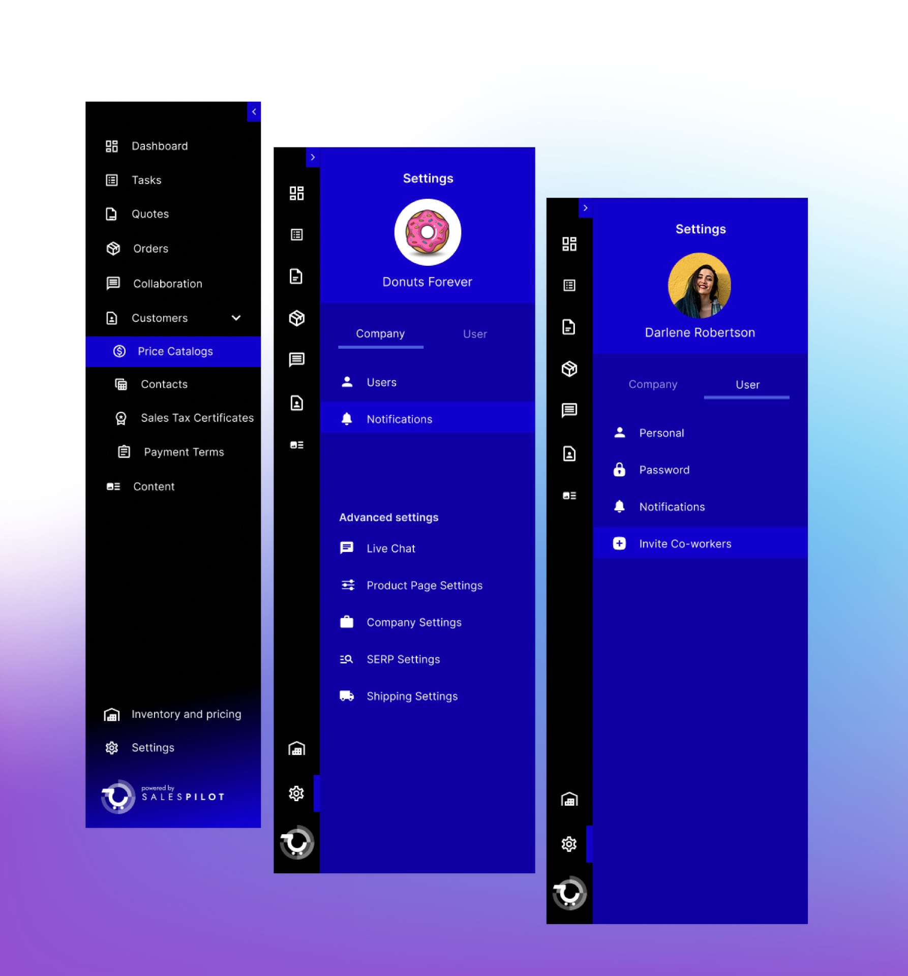Navigation architecture — Dashboard, Settings company view, Settings user view