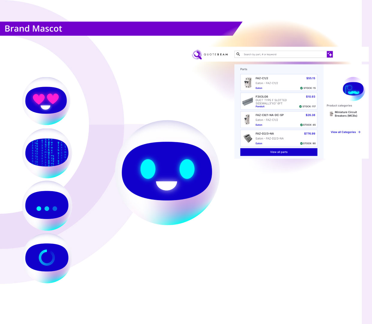 Quotebeam robot brand mascot with multiple expression states