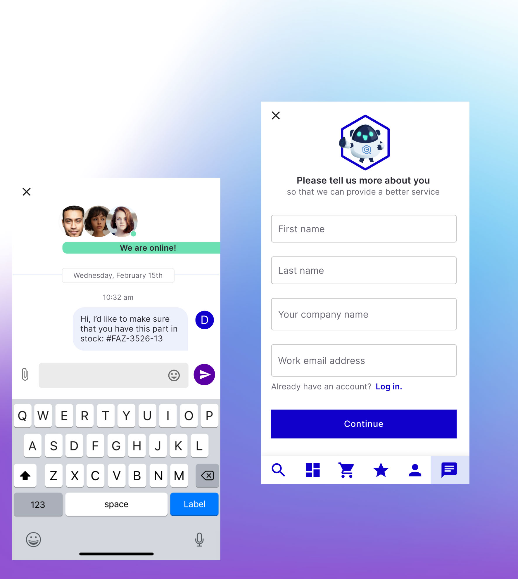 Chat widget — free-form message with follow-up contact form