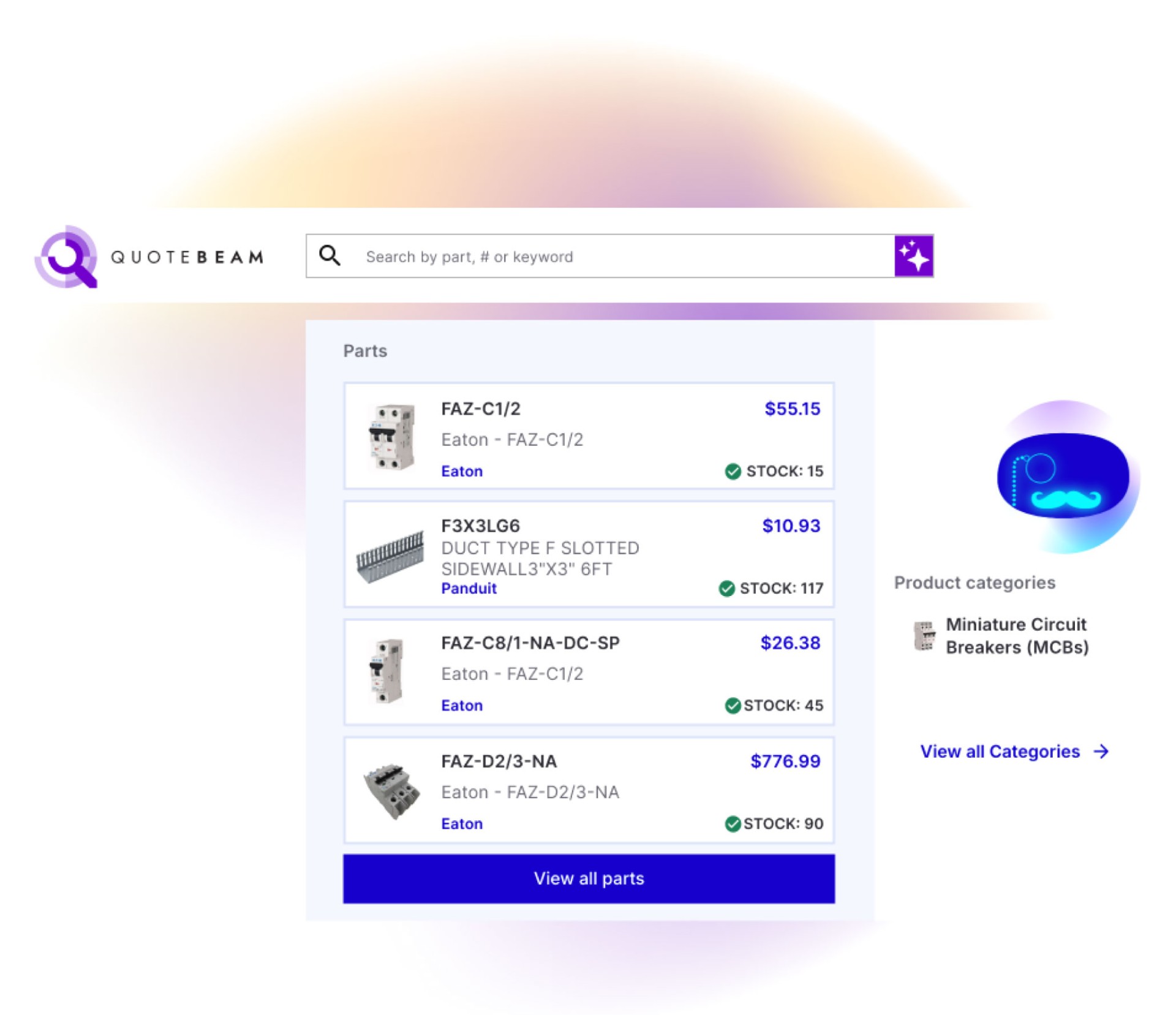 Quotebeam interface — search, part list with prices and stock, product categories