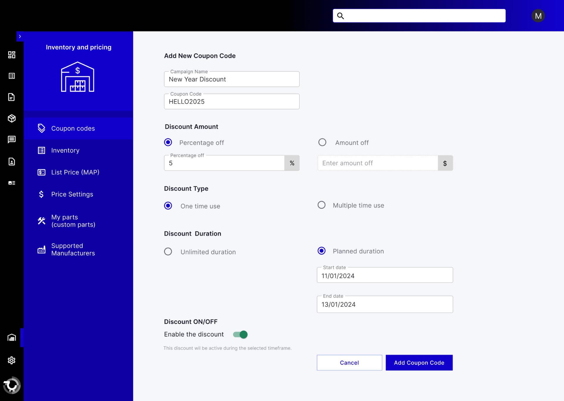 Admin panel — adding a new coupon code