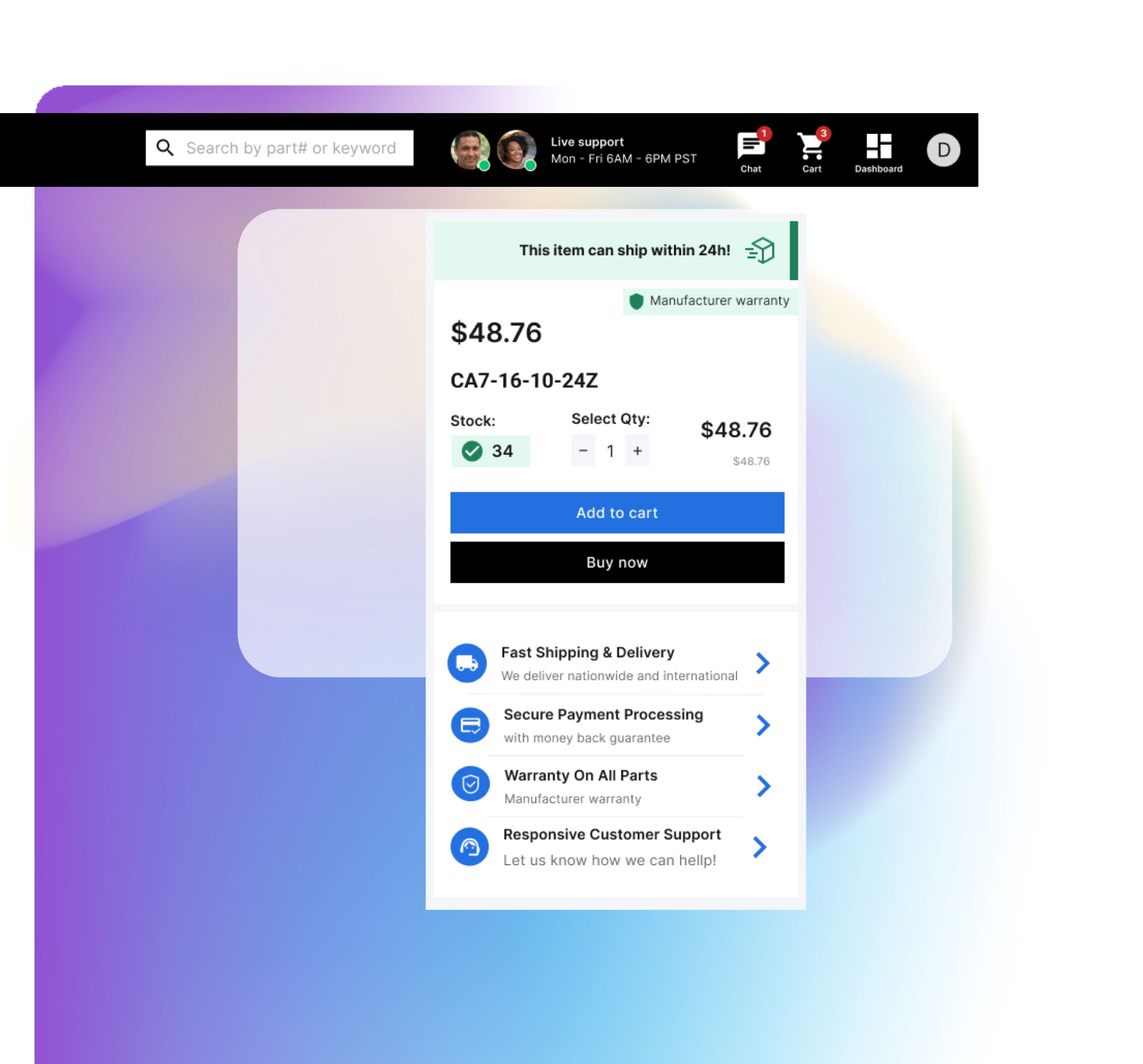 Storefront product page — live support, stock, pricing, service features