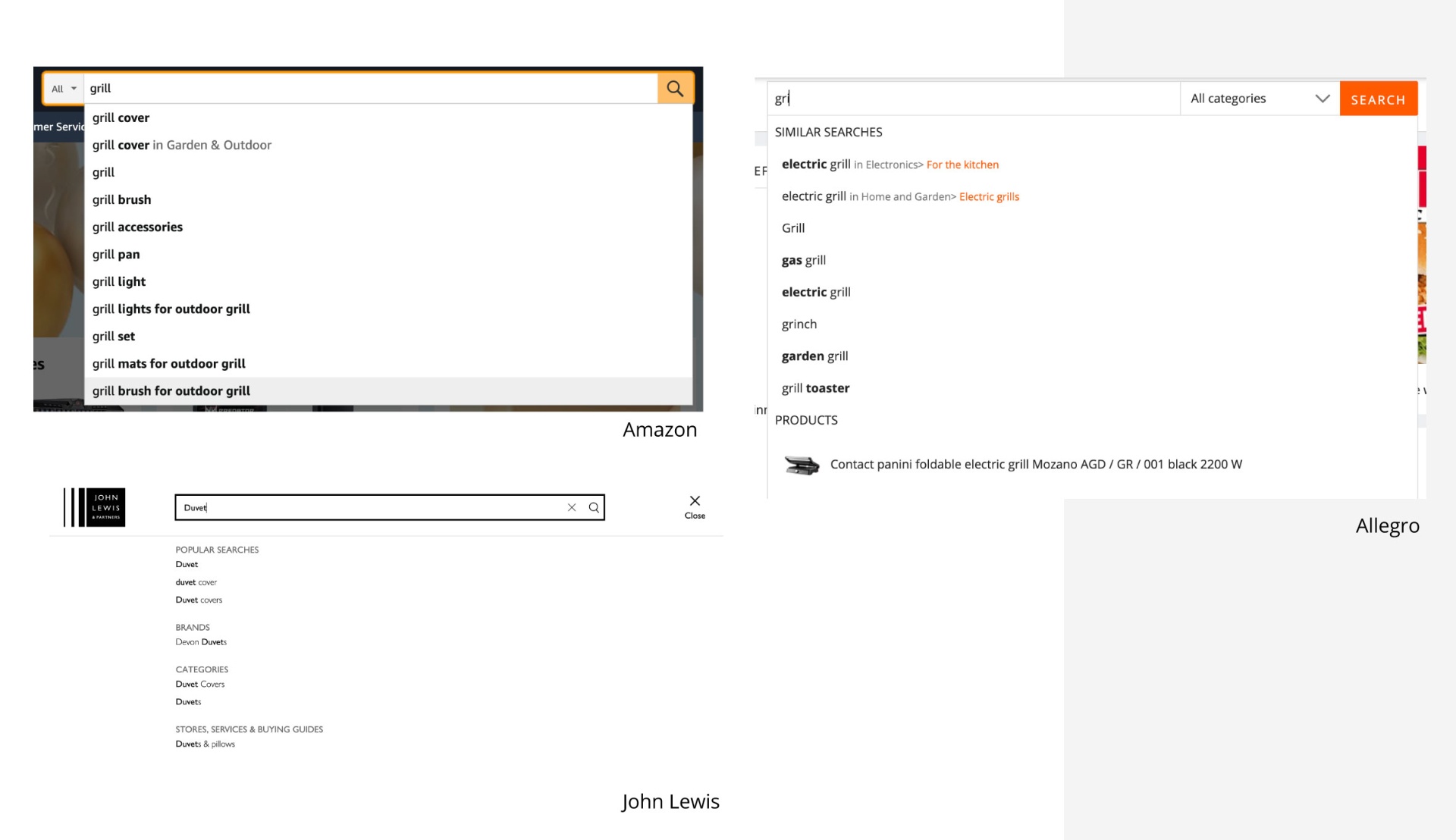 Benchmarks — Amazon, Allegro, John Lewis autosuggest dropdowns