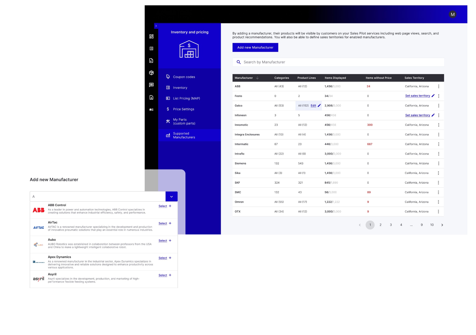 Manufacturer management — table and Add-new-manufacturer flow